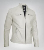 Premium off-white men’s leather jacket with quilted biker shoulders