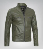 Premium olive green leather biker jacket for men