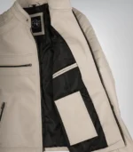 Premium beige leather biker jacket for men with collar detail
