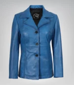 Blue real leather waxed coat for women with three front buttons