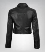 Button-up black cropped real leather jacket for women