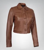 Premium women’s cropped genuine leather jacket in cognac