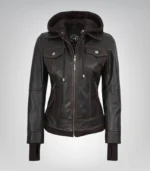 Stylish women’s brown leather bomber jacket with removable hood design