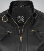 Stylish women’s black leather moto jacket with gold trim design