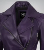 Women’s Purple Real Leather Biker Jacket with Belted Waist - Image 4