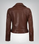 Stylish women’s cognac leather asymmetrical moto jacket with waist belt