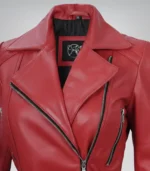 Stylish women’s red leather moto jacket with belt accent