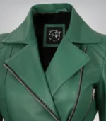 Stylish women’s green leather motorcycle jacket featuring belt design