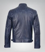 Men’s Blue Waxed Leather Biker Jacket with Quilted Shoulders - Image 4