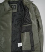 Men’s Olive Green Leather Jacket with Classic Shirt Collar - Image 4
