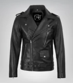Men’s classic black leather biker jacket with asymmetrical zipper