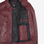 Premium burgundy men’s leather Harrington jacket with shirt collar