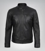 Trendy men’s black motorcycle leather jacket with biker style