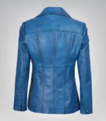 Women’s blue waxed leather coat with a classic three-button front