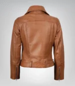 Women’s tan motorcycle leather jacket with belt and angled front design