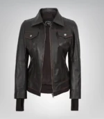 Women’s Genuine Leather Brown Bomber Jacket with Detachable Hood - Image 5