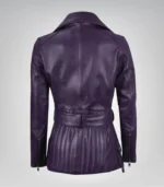 Women’s Purple Real Leather Biker Jacket with Belted Waist - Image 5