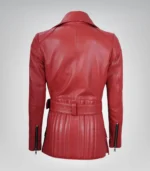 Women’s genuine red leather moto jacket with belt detail