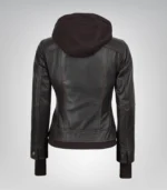Women’s Genuine Leather Brown Bomber Jacket with Detachable Hood - Image 6
