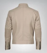 Trendy men’s beige leather jacket with mandarin-style collar
