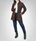 Elegant women’s dark brown suede coat – longline tailored leather jacket