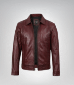 Burgundy leather Harrington jacket for men featuring a shirt-style collar