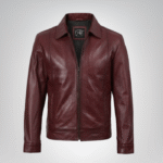 Men’s burgundy Harrington leather jacket with classic shirt collar