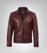 Men’s burgundy Harrington leather jacket with classic shirt collar