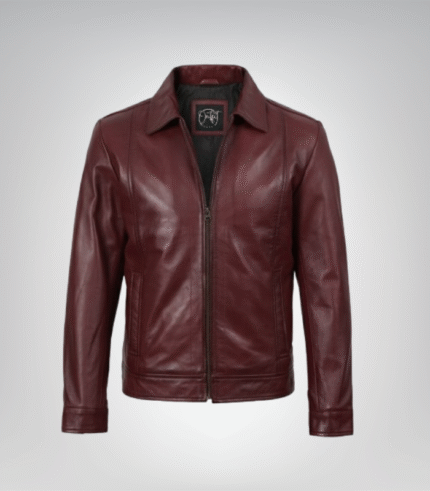 Men’s burgundy Harrington leather jacket with classic shirt collar