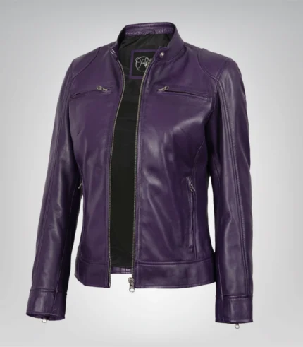 Dodge women’s purple lambskin leather biker jacket