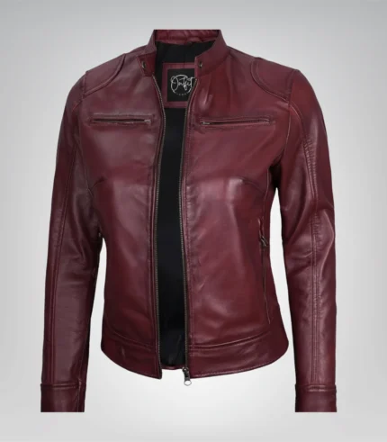 Women’s premium burgundy leather biker jacket