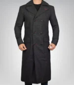 Men’s Double-Breasted Gray Wool Detective Coat with Wide Lapel