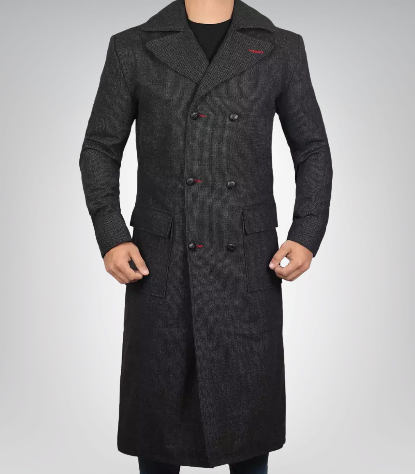 1 Men’s Double-Breasted Gray Wool Detective Coat with Wide Lapel - Image 1