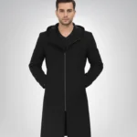 Men’s Black Hooded Wool Coat Zip-Up Winter Overcoat