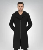 Men’s Black Hooded Wool Coat Zip-Up Winter Overcoat