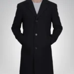 Men’s Single-Breasted Black Wool Coat Modern Fit Long Overcoat