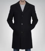 Men’s Single-Breasted Black Wool Coat Modern Fit Long Overcoat