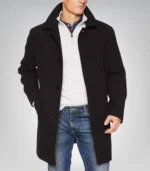 Men’s Single-Breasted Black Wool Car Coat 3/4 Length Winter Overcoat