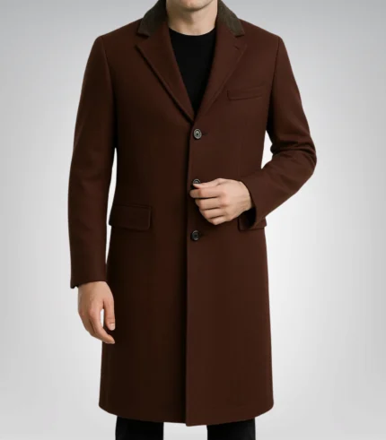 Javier men’s chocolate brown wool coat with shearling collar