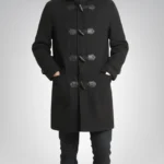 Bennie men’s black hooded duffle wool coat with toggle closure