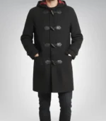 Bennie men’s black hooded duffle wool coat with toggle closure