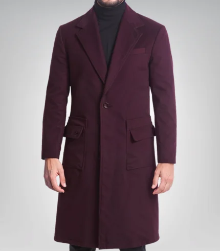Victor men’s burgundy wool coat with single-button closure