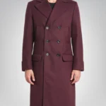 Luke men’s burgundy double-breasted wool coat with peak lapel