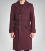 Luke men’s burgundy double-breasted wool coat with peak lapel