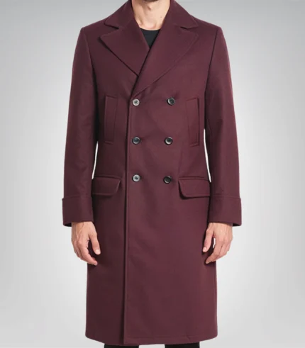 Luke men’s burgundy double-breasted wool coat with peak lapel