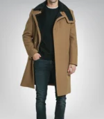 Gary men’s camel brown shearling wool overcoat with high collar