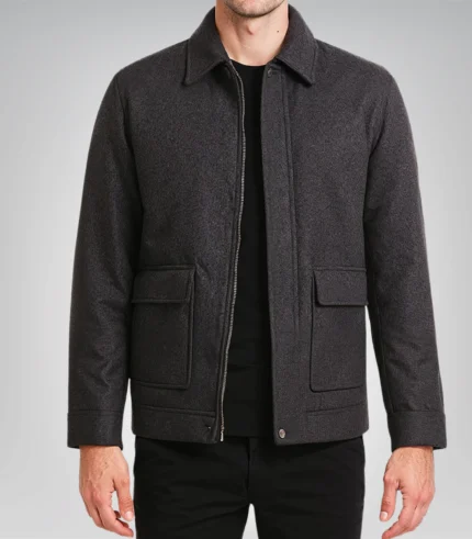 Men’s charcoal grey wool zip jacket with shirt collar