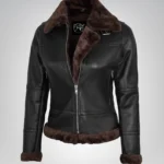 Women’s dark brown genuine leather bomber jacket with shearling trim
