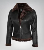 Women’s dark brown genuine leather bomber jacket with shearling trim