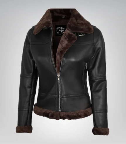 Women’s dark brown genuine leather bomber jacket with shearling trim